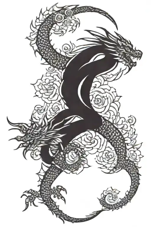 elegant black and white back tattoo of a spiral dragon, has his head pointed upward and there are three red flowers tattoo design idea