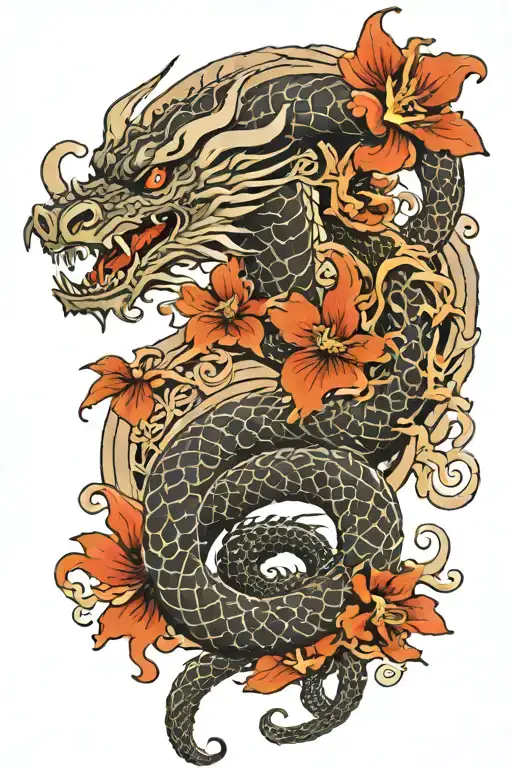 elegant black back tattoo of a spiral dragon, has his head pointed upward and there are three red flowers in background tattoo design idea