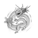 two dragons pinned in the tail with a sword warping around it tattoo design idea