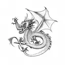 two dragons pinned in the tail with a sword warping around it tattoo design idea