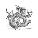 two dragons pinned in the tail with a sword warping around it tattoo design idea