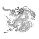 two dragons pinned in the tail with a sword warping around it tattoo design idea