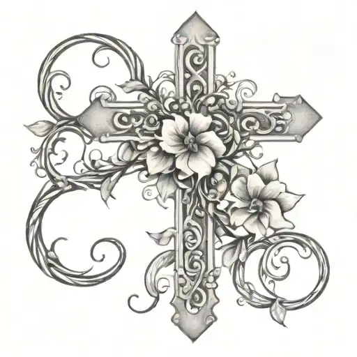 A tattoo of a cross with delicate flower vines wrapping around it tattoo design idea