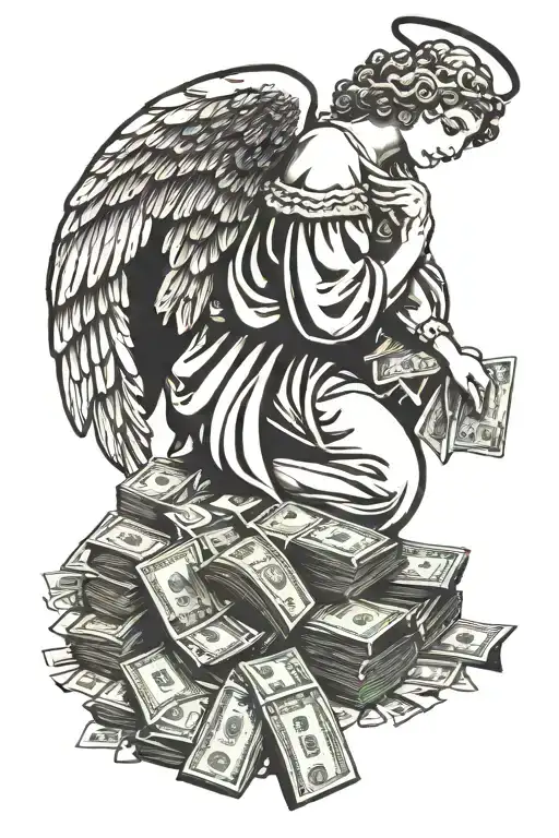 angel leaning on money bags tattoo design idea