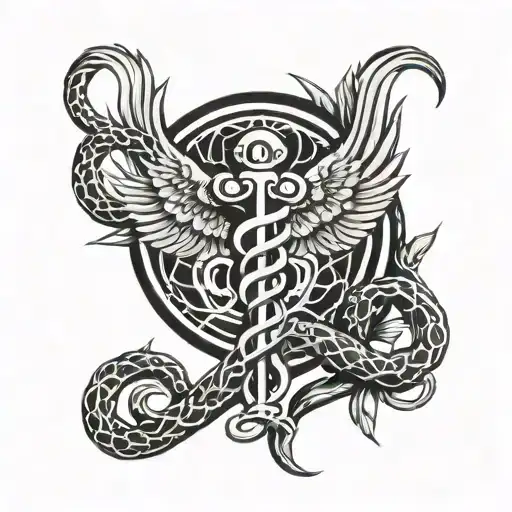 Caduceus symbol with fierce snakes enclosed by laurel wreath  tattoo design idea