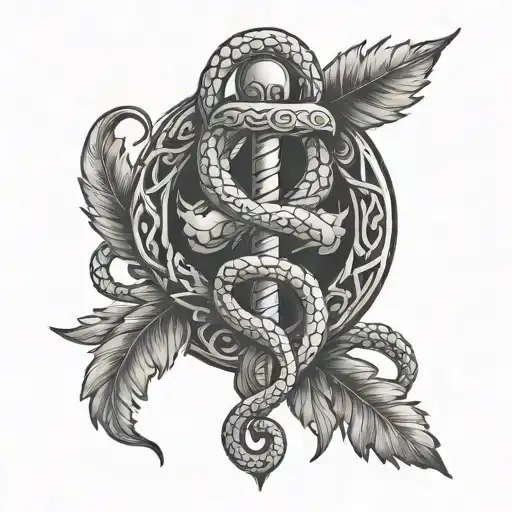 Caduceus symbol with fierce snakes and laurel wreath  tattoo design idea