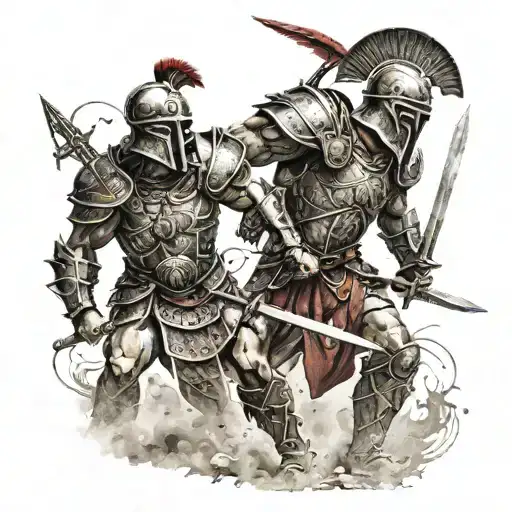 Two gladiators engaged in an epic battle with intricate armor and weapons tattoo design idea