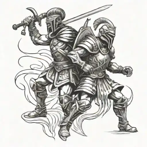 Two gladiators engaged in an epic battle with intricate armor and weapons tattoo design idea