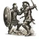 Two gladiators engaged in an epic battle with intricate armor and weapons tattoo design idea