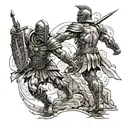 Two gladiators engaged in an epic battle with intricate armor and weapons tattoo design idea