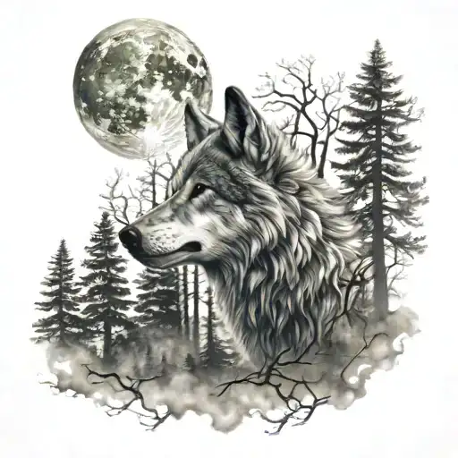 A mystical forest scene with a wolf howling at the moon tattoo design idea