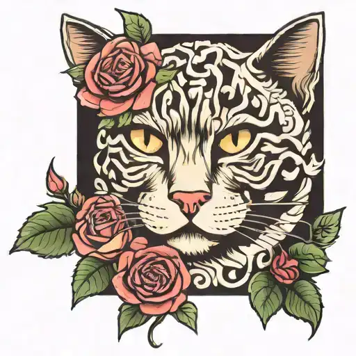 cat and waffle pattern forming the backdrop and roses tattoo design idea