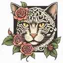 cat and waffle pattern forming the backdrop and roses tattoo design idea