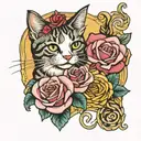 cat and waffle pattern forming the backdrop and roses tattoo design idea
