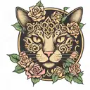 cat and waffle pattern forming the backdrop and roses tattoo design idea