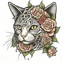 cat and waffle pattern forming the backdrop and roses tattoo design idea