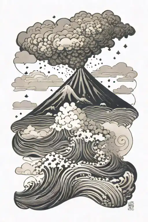 volcano waves clouds tattoo design idea