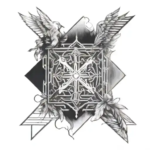 lines abow and below elbow that add feathers on the corners add a mystery warrior in the middel and a cross tattoo design idea