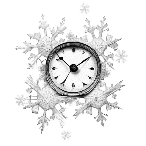 old clock with name and snowflake tattoo design idea