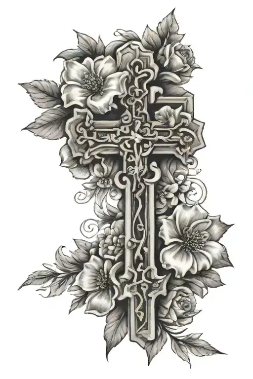 dainty cross with flowers in memory of grandma Joyce  tattoo design idea