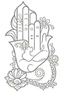 hamsa symbol and seashell held delicately tattoo design idea
