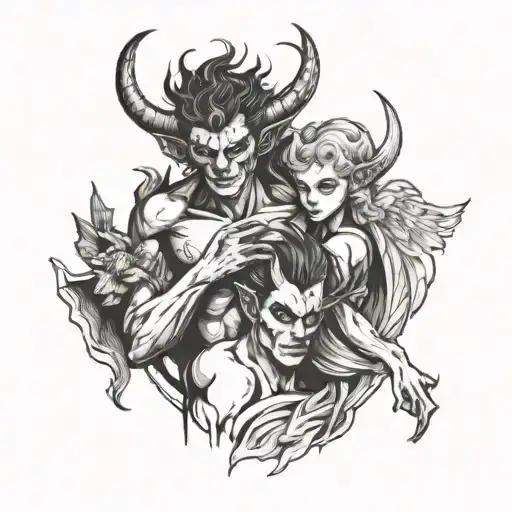 a male demon with two horns holding an female angel tattoo design idea