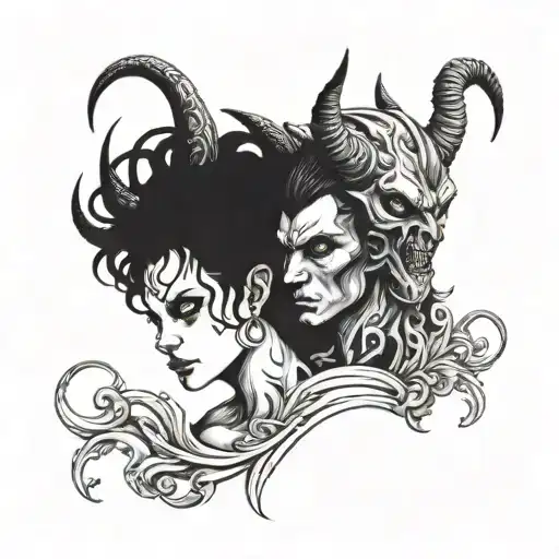 a male demon with two horns holding an female angel tattoo design idea