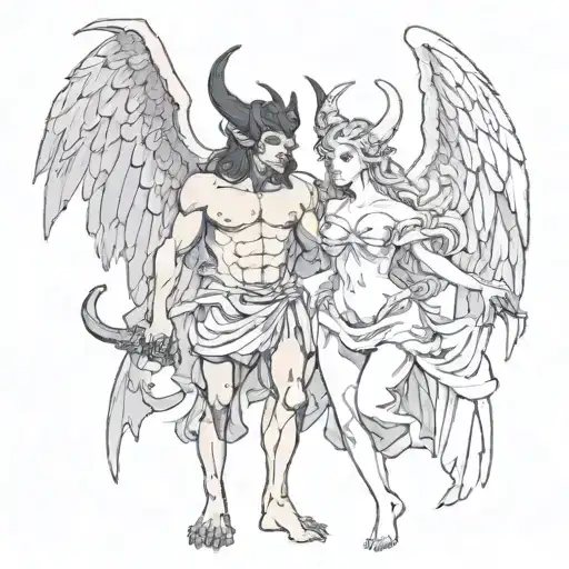 a male demon with two horns holding an female angel tattoo design idea