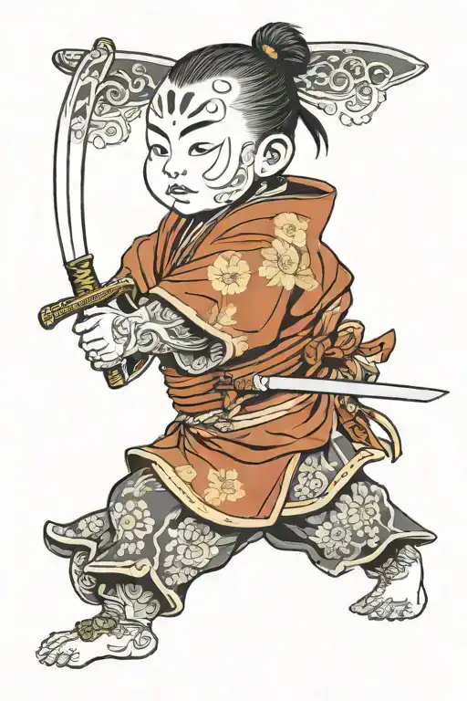 baby samurai warrior wielding his sword tattoo design idea