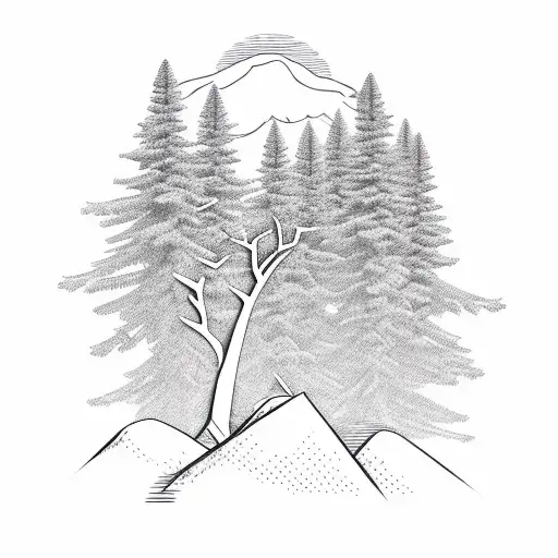 a mountain, palm tree, and pine tree that are shaped into the letter 'W' tattoo design idea