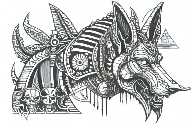 Anubis egypcian god, pyramids, moon phases, skulls tattoo design idea
