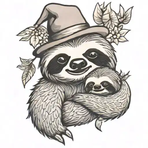 dad and baby sloth with birthday hat  tattoo design idea