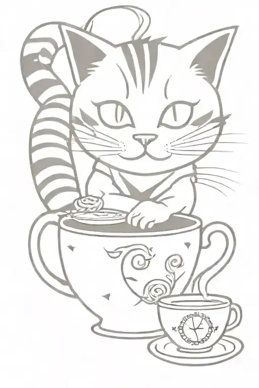 cat cheshire cat+pocket watch+teacup+smoke tattoo design idea