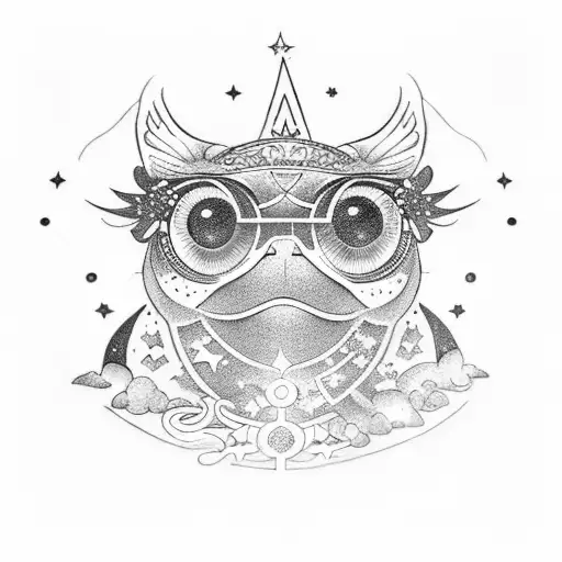 A mystical tattoo of a dog, frog, and owl surrounded by a halo of stars and moon tattoo design idea