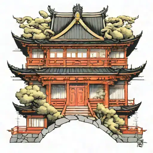japanese temple forming into nyc buildings designed tattoo design idea