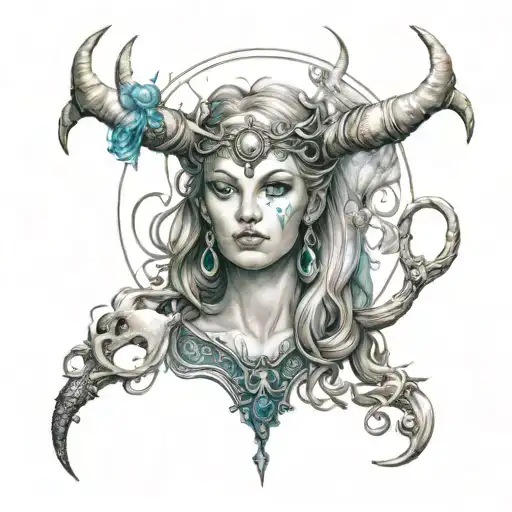Main motif: Water woman with Capricorn horns  Background: creative moon sign : Taurus accents: Cancer tattoo design idea