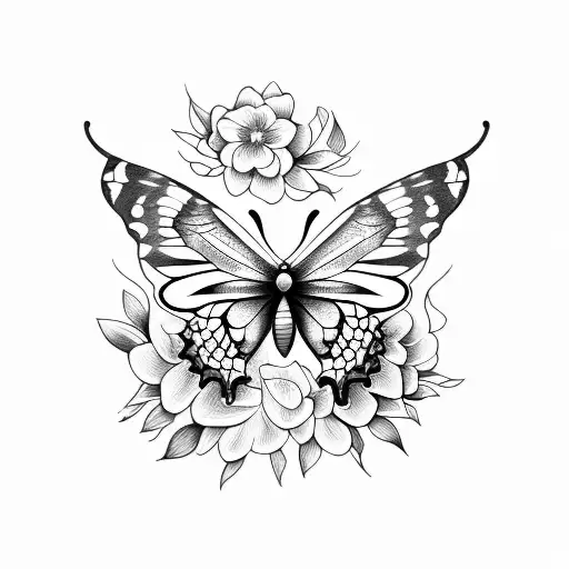 A tattoo of a butterfly surrounded by flowers, with the quote 'I was left in this world of madness' in elegant script tattoo design idea