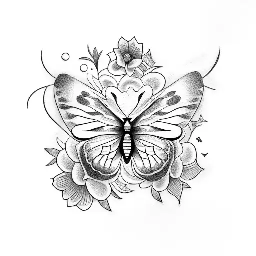 A tattoo of a butterfly surrounded by flowers, with the quote 'I was left in this world of madness' in elegant script tattoo design idea