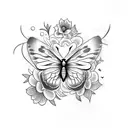 A tattoo of a butterfly surrounded by flowers, with the quote 'I was left in this world of madness' in elegant script tattoo design idea