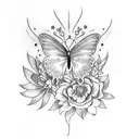 A tattoo of a butterfly surrounded by flowers, with the quote 'I was left in this world of madness' in elegant script tattoo design idea