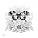 A tattoo of a butterfly surrounded by flowers, with the quote 'I was left in this world of madness' in elegant script tattoo design idea