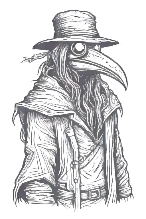 scary, angry and mean Plague doctor with long hair a graffiti and minimalist and sketch style tattoo design idea