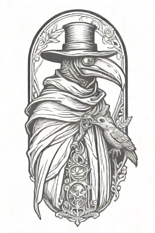 Plague doctor and a moth in a woodcut style mixed blackwork and a background in a heavy grafitti style tattoo design idea