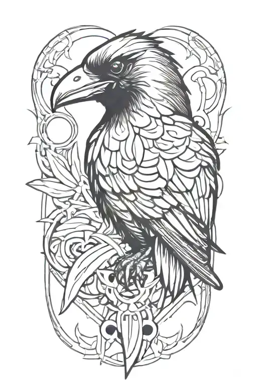evil and psychedelic crow in a graffiti and minimalist and stencil style tattoo design idea