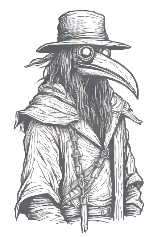 scary, angry and mean Plague doctor with long hair a graffiti and minimalist and sketch style tattoo design idea