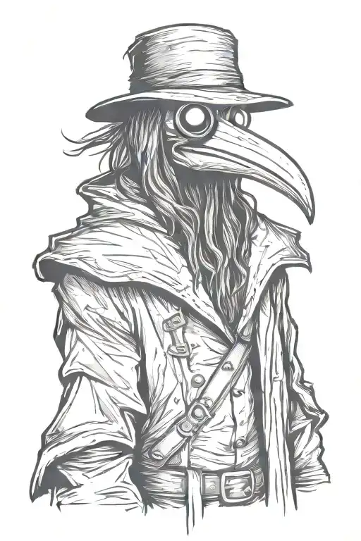 scary, angry and mean rock n roll Plague doctor with long hair a graffiti and sketch style tattoo design idea