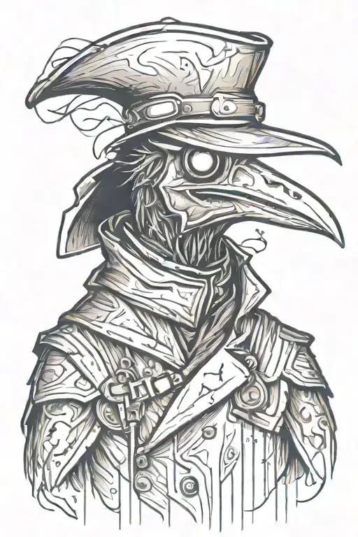 evil Plague doctor like a crow in a grafitti style mixed with woodcut tattoo design idea
