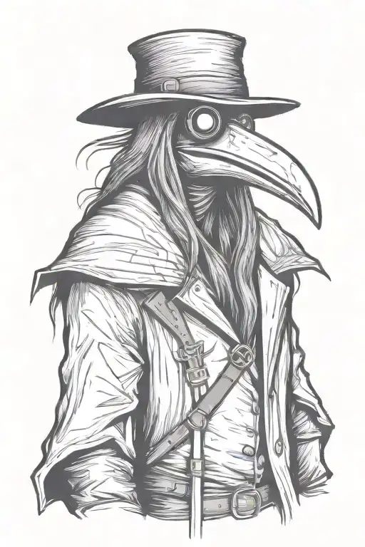 scary, angry and mean looking Plague doctor with long hair a graffiti and sketch style tattoo design idea