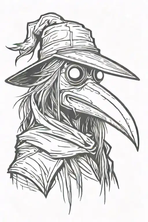 scary, angry and mean looking Plague doctor with long hair in a graffiti and minimalist and sketch style tattoo design idea