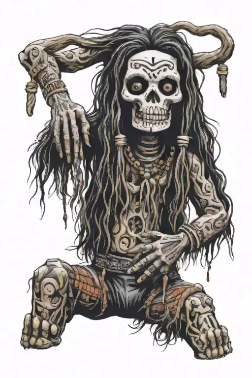 standing male voodoo doll with long hair and hole in body tattoo design idea